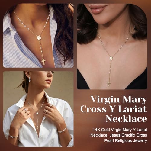 14K Gold/Silver Plated Miraculous Medal Rosary Cross Necklace Women | Miraculous Medal Y-Chain Rosary Necklace, Premium Gift Box, Catholic Milestone Gifts, Daily Faith Wear - style: Gold Style1