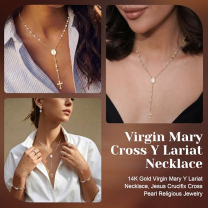 14K Gold/Silver Plated Miraculous Medal Rosary Cross Necklace Women | Miraculous Medal Y-Chain Rosary Necklace, Premium Gift Box, Catholic Milestone Gifts, Daily Faith Wear - style: Gold Style1