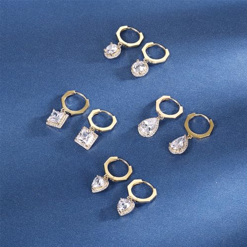 2-4 Pairs Dangle Drop Earrings for Women, 18K Gold Plated Cubic Zirconia Drop Dangle Huggie Hoop Earrings CZ Teardrop Hypoallergenic Jewelry - color: Yellow