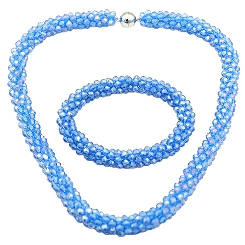 Hand Knotted Beads Statement Necklace Bracelet Jewelry Set Artificial Crystal Choker for Women- Handmade Beaded Strand Sparkly Faceted Crystal Rondelle-17inches, 30 Colors - color: Blue AB Set