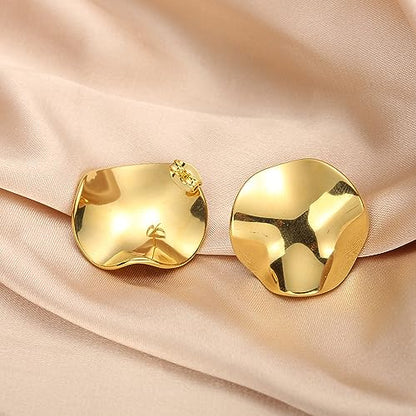 Geometric Rectangle Gold Plated Stud Earrings Irregular Hammered Chunky Statement Square Earrings for Women Trendy - color: Gold Round
