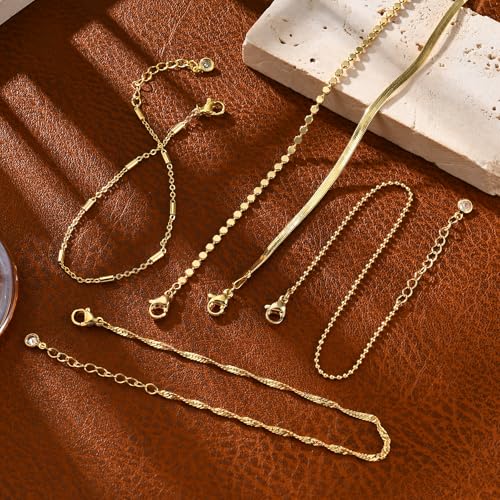 Gold Bracelets for Women, 14K Gold Plated Stackable Bracelet Stack Set Adjustable Charm Small Square Chain Snake Link Layered Waterproof Jewelry Sets Gifts - color: Bracelets-1 Gold