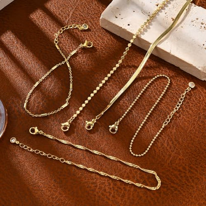 Gold Bracelets for Women, 14K Gold Plated Stackable Bracelet Stack Set Adjustable Charm Small Square Chain Snake Link Layered Waterproof Jewelry Sets Gifts - color: Bracelets-1 Gold