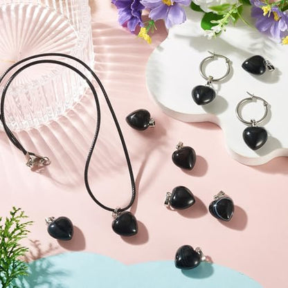 10Pcs Heart Stone Charm Pendants Natural Obsidian Gemstone Pendants with Platinum Brass Loops for DIY Necklace Keychains Earring Crafts Supplies - color: Obsidian