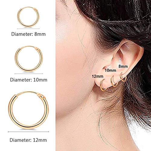EPIRORA Sterling Silver Hoop Earrings for Women Men, Hypoallergenic Cartilage Earring Endless Small Hoop Earrings Set, 3 Pairs Tragus Earrings (8mm/10mm/12mm) - style: 6# 3 Pairs(8mm*3)-Gold