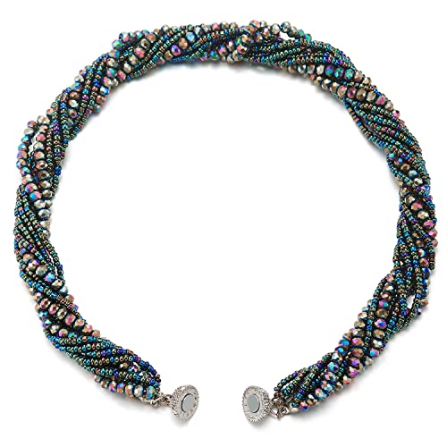 COOLSTEELANDBEYOND Multi-Layer Beads Crystal Braided Chain Choker Collar Magnetic Clasp,Statement Necklace, Bracelet - color: P-Necklace Colorful Color-02