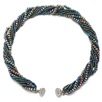 COOLSTEELANDBEYOND Multi-Layer Beads Crystal Braided Chain Choker Collar Magnetic Clasp,Statement Necklace, Bracelet - color: P-Necklace Colorful Color-02