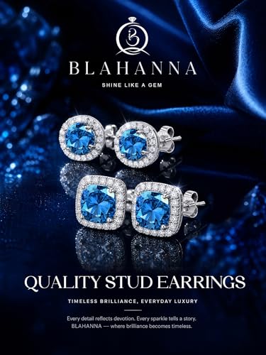 2 Pairs S925 Sterling Silver Stud Earrings for Women Halo Cubic Zirconia | 14K Gold Plated Hypoallergenic Non Tarnish Round Square Silver Stud Earring for Women Men Dainty Trendy Jewelry - style: Silver-Blue Stone