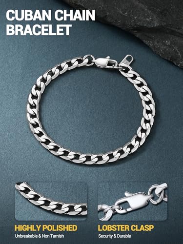 PROSTEEL Bracelets for Men, Figaro/Cuban Mens Bracelet, Silver/Gold/Black | 6/9/13mm Width, 7.5/8.3/9" Length, Stainless Steel Mens Bracelet, Durable & Non Tarnish, Chunky Jewelry with Gift Box - style: E 6mm-Cuban-Silver