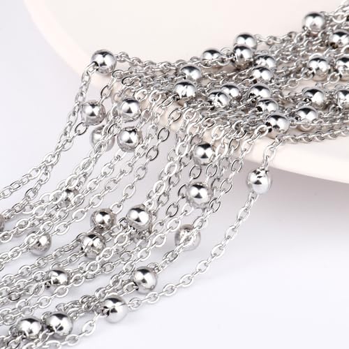 33FT 2mm Stainless Steel Satellite Bead Chains Roll Bulk for Jewelry Making | 304 Stainless Steel Ball Beaded Cable Link Chains Spool for Necklace DIY Craft - color: Stainless Steel Big Beads Satellite Cable Chain