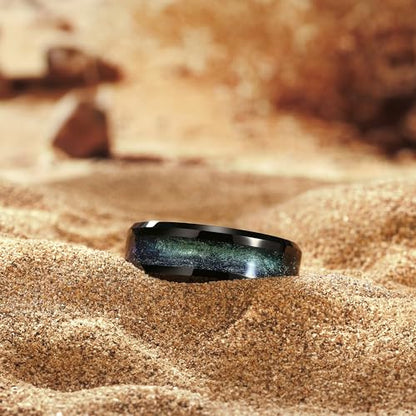 King Will Mens Galaxy Tungsten Wedding Band | 6mm/8mm, Beveled Edge, Comfort Fit, Durable, Sandstone Opal Inlay Polished, Everyday Wear - color: Blue Green-8mm