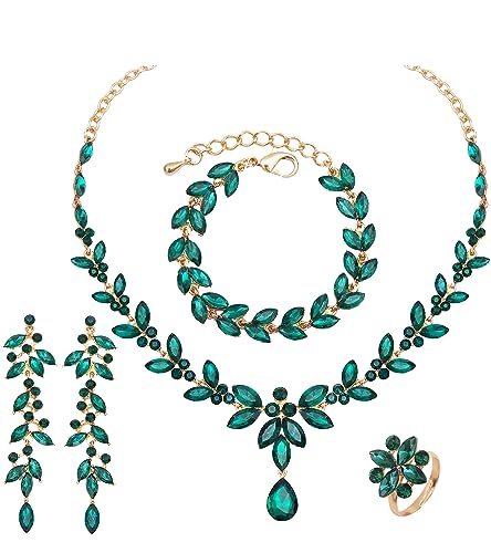 CSY Elegant Bridal Jewelry Sets Wedding Prom Homecoming Gown Accessories | Austrian Marquise Crystal Wedding Necklace Dangle Earrings Tennis Bracelet Ring Set for Bride Women Costume Accessories - color: green crystal-gold tone