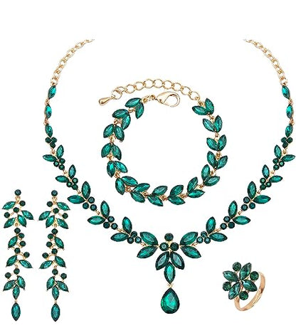 CSY Elegant Bridal Jewelry Sets Wedding Prom Homecoming Gown Accessories | Austrian Marquise Crystal Wedding Necklace Dangle Earrings Tennis Bracelet Ring Set for Bride Women Costume Accessories - color: green crystal-gold tone