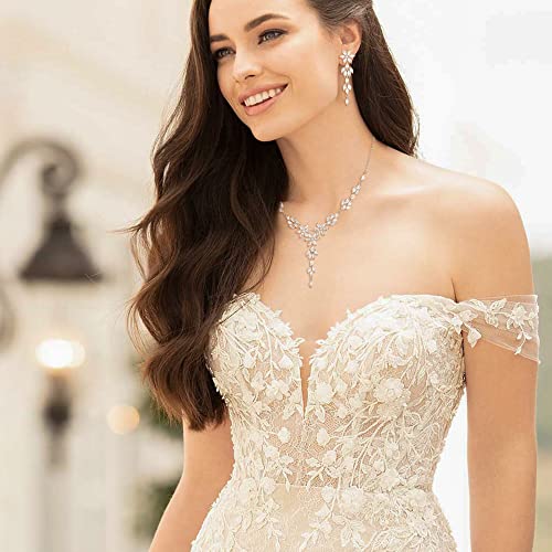 Crysdue Wedding Jewelry Set for Brides Bridesmaid, Cubic Zirconia Teardrop Marquise Leaf Cluster Pendant Necklace Bridal Tennis Bracelet Drop Earrings for Women Party Prom - style: I_silver