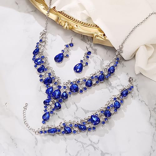 Wedding Bridal Necklace Earrings Jewelry Set for Women | Gorgeous Austrian Crystal Teardrop Flower Cluster for Bridal Bride Bridesmaid - color: 3Pcs-Blue Silver-Tone