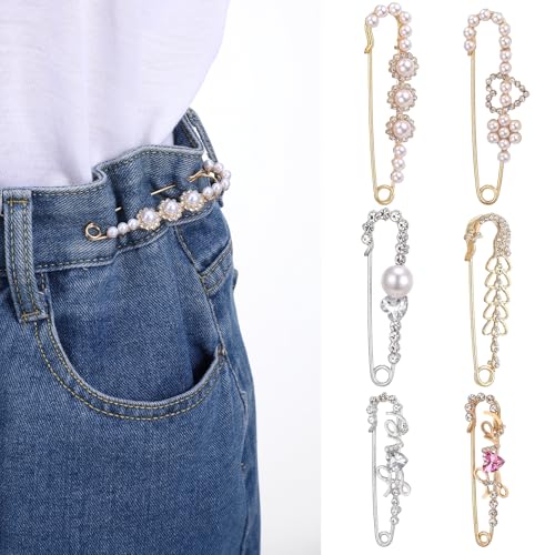 Ouligay 6 Pieces Women Brooch Pins Large Pearl Brooch Pin Sweater Shawl Clips Faux Crystal Pearl Brooches and Pin for Women, Brooches Safety Pins Dress Clips Shirt Clip for Clothing Costume Accessory