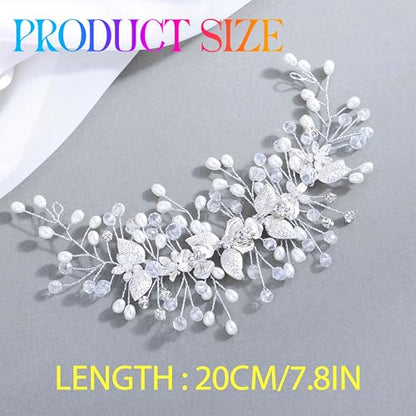 Flower Bride Wedding Hair Accessory Crystal Headpiece Hair Vine | Silver Leaf Bridal Hair Accessories Pearl Headpieces for Women - color: A-Silver