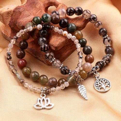 Tree of Life Yoga Healing Stone Bracelets,Multilayer Lotus Chakra Stone Reiki Bracelet Sets,Anxiety Crystal Natural Stone,for Women Stress Relief - style: Black dragon agate + Indian agate