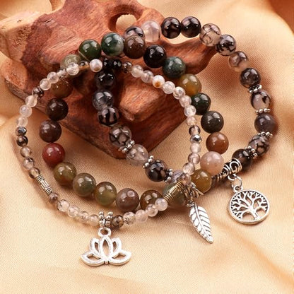 Tree of Life Yoga Healing Stone Bracelets,Multilayer Lotus Chakra Stone Reiki Bracelet Sets,Anxiety Crystal Natural Stone,for Women Stress Relief - style: Black dragon agate + Indian agate