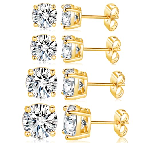 18K White/Yellow Gold Plated Stud Earrings for Men Women 4 Prong Graduated Round Clear Cubic Zirconia Hypoallergenic Earrings Set 3-8MM - color: Yellow Gold Plated, size: Pack-3/4/5/6MM