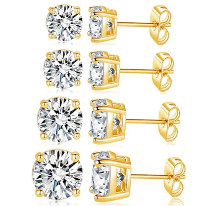 18K White/Yellow Gold Plated Stud Earrings for Men Women 4 Prong Graduated Round Clear Cubic Zirconia Hypoallergenic Earrings Set 3-8MM - color: Yellow Gold Plated, size: Pack-3/4/5/6MM