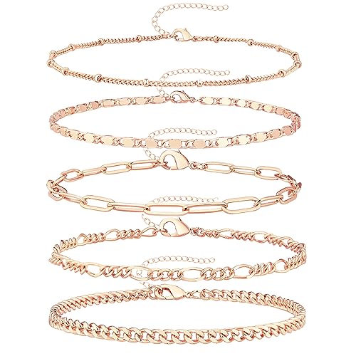 Gold Bracelets Set for Women Non Tarnish Trendy,14K Gold Plated Dainty Stackable Paperclip Cuban Link Chain Bracelets, Simple Cute Cuff Bracelets Jewelry Set Adjustable 7"+2" - color: Rose Gold
