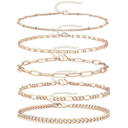 Gold Bracelets Set for Women Non Tarnish Trendy,14K Gold Plated Dainty Stackable Paperclip Cuban Link Chain Bracelets, Simple Cute Cuff Bracelets Jewelry Set Adjustable 7"+2" - color: Rose Gold
