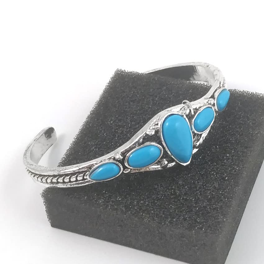 Bohemian Natural Stone Turquoise Engraved Cuff Bracelet Adjustable Wrap Bangle Western National Style for Women Gemstone Boho Jewelry - color: G