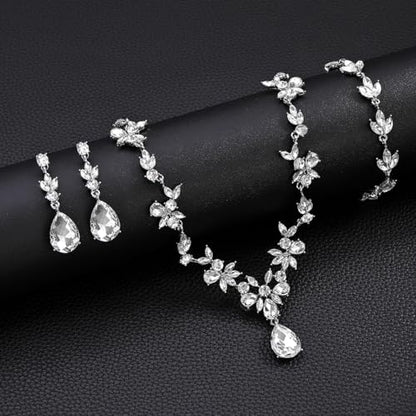Kamirola Bridal Jewelry Set, Jewelry Set for Women, Necklace Dangle Earrings Bracelet Set, White Gold Plated (TR76) - color: Silver White