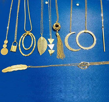 10Pcs Long Pendant Necklace Simple Moon Bar Three Triangle Tassel Lock Sweater Y Shape Punk Chain Choker Necklace for Women Men Gold Silver Plated - style: A:10Pcs Gold Tone
