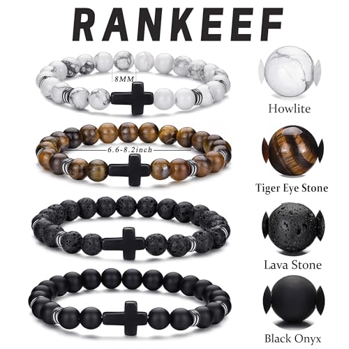Mens Beaded Bracelets Set 8MM Tiger Eye Lava Stone Stretch Natural Stone Men's Bead Bracelet Mens Bracelet - color: 4,Cross Bead Bracelet