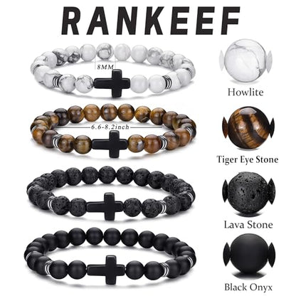 Mens Beaded Bracelets Set 8MM Tiger Eye Lava Stone Stretch Natural Stone Men's Bead Bracelet Mens Bracelet - color: 4,Cross Bead Bracelet