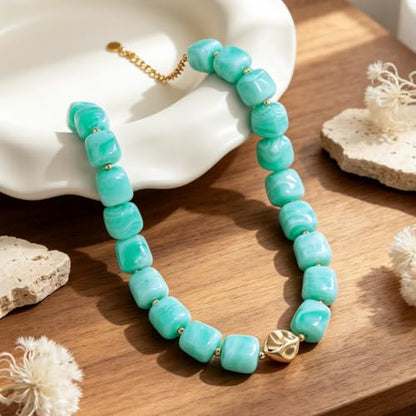 Chunky Beaded Necklace for Women,Square Resin beads boho Choker Necklace with gold-tone spacers,Fashion Trendy Summer Beach Party Necklaces Handmade Surfer Beach Necklaces Jewelry Gifts - color: Green