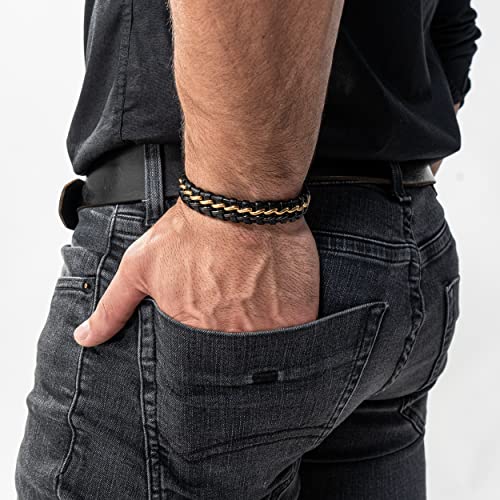SERASAR | Premium Genuine Leather Bracelet [Steel] for Men in Black | Magnetic Stainless Steel Clasp in Black, Silver and Gold | Exclusive Jewellery Box | Great Gift Idea - color: Gold/Black, size: 20cm