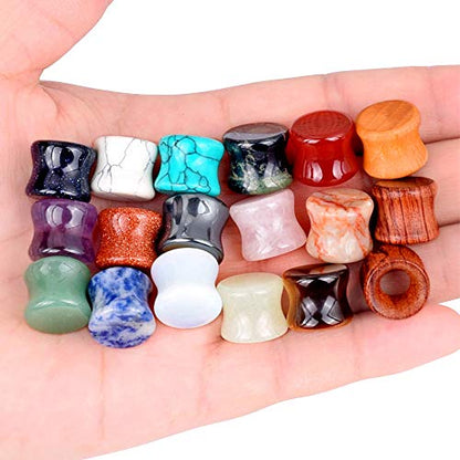 Longbeauty Wood Mixed Stone Plugs 18 Pairs/36 Pcs Double Flared Saddle Gauges Tunnels Expander Piercing Set - style: Gauge=12mm(1/2")
