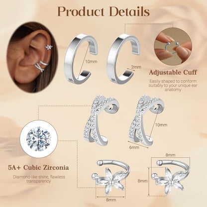 Ear Cuff Earrings for Women Non Piercing Helix Cartilage Clip on Ear Cuffs 14K Gold Plated & Sterling Silver Stainless Steel Hypoallergenic Huggie Hoop Fake Earring Set Jewelry Gift - color: K1-Floral Cuff Set Silver
