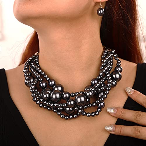 Wiwpar 2PCS Large Chunky Statement Faux Pearl Bib Choker Necklace and Earring Set for Party Wedding Ladies - color: black