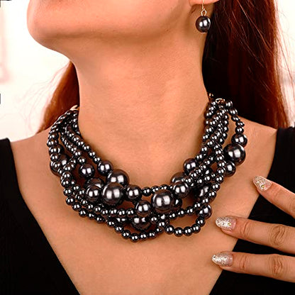 Wiwpar 2PCS Large Chunky Statement Faux Pearl Bib Choker Necklace and Earring Set for Party Wedding Ladies - color: black
