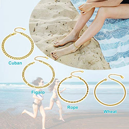 Adjustbale Link Chain Anklet for Women Summer Jewelry, 316L Stainless Steel Figaro/Wheat/Twist Rope/Cuban Foot Bracelet-Waterproof, Resizable 9"-12" (Gift Box Included) - color: 4, Wheat - Gold