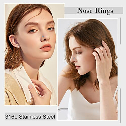 36-44 Pcs 18G 20G Nose Rings Studs Nose Rings for Women Nose Piercings Jewelry Surgical Stainless Steel Nose Studs Moon Star Heart Butterfly Hypoallergenic Body Piercing Jewelry for Women Men - color: 20G Colorful A-Straight- 44 Pcs