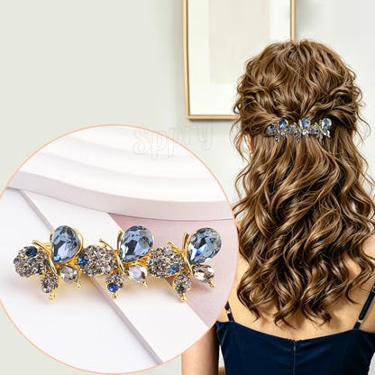 Elegant Crystal Butterfly Hair Barrette for Women, Blue | Medium Size, Sparkly Rhinestones - color: Blue