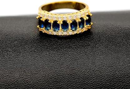 Uloveido Beautiful Women's 7 Stones Wedding Band Oval Cubic Zirconia Engagement Anniversary Rings J501 - color: Gold-Dark Blue