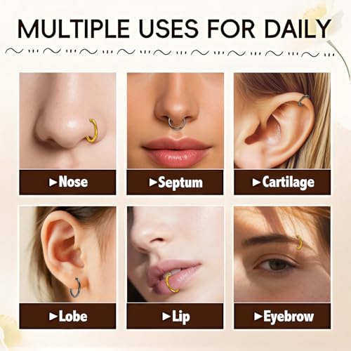 10Pcs Gold Nose Ring Hoop 18G/20G Clicker Nose Hoops Hypoallergenic Stainless Steel Nose Piercings Jewelry Gold Nose Jewelry Septum Helix Cartilage Lip Body Piercings for Women Men 7mm 8mm 9mm 10mm 12mm - color: Black and Gold-18G