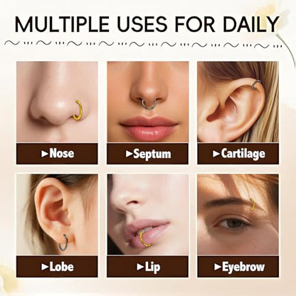 10Pcs Gold Nose Ring Hoop 18G/20G Clicker Nose Hoops Hypoallergenic Stainless Steel Nose Piercings Jewelry Gold Nose Jewelry Septum Helix Cartilage Lip Body Piercings for Women Men 7mm 8mm 9mm 10mm 12mm - color: Black and Gold-18G