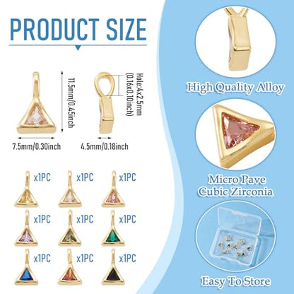 9Pcs Triangle Brass Cubic Zirconia Charms Golden Birthstone Crystal CZ Stone Necklace Charm Cubic Zirconia Pendant for Earring Bracelet DIY Jewelry Making 11.5x7.5x4.5mm - color: Triangle