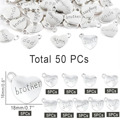 stino 100 Gram Metal Charms for Jewelry Making, Silver & Gold Plated, Bulk Pack for Bracelets, Necklaces, Crafts - color: Family Heart Silver (50Pcs)