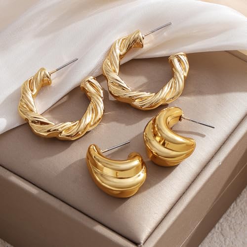 IFKM 24 Pairs Gold Hoop Earrings Set for Women Hypoallergenic Chunky Chain Twisted Open Hoops Dangle Earring Packs for Birthday Party Christmas Fashion Jewelry Gift - color: 9 Pairs Gold Style 2