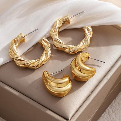 IFKM 24 Pairs Gold Hoop Earrings Set for Women Hypoallergenic Chunky Chain Twisted Open Hoops Dangle Earring Packs for Birthday Party Christmas Fashion Jewelry Gift - color: 9 Pairs Gold Style 2
