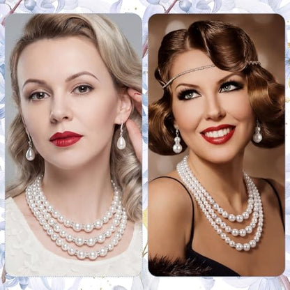 Glenmal Pearl Rhinestone Jewelry Set for Women Pearl Necklace Bracelet Earrings for Wedding Halloween Bridal Shower Tea Party - style: Classy Style
