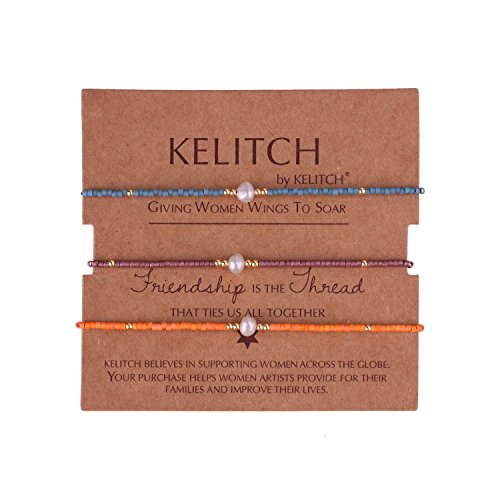 KELITCH 3 PCS Natural Pearls Bracelets Women Strand Thin Rope Friendship Bracelets Handmade Stack Charm Bracelets - color: Purple Orange Blue 02F